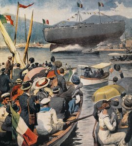 Botadura del acorazado Andrea Doria desde el Arsenal en La Spezia, panel de Achille Beltrame, La Domenica del Corriere, 6 de abril de Achille Beltrame