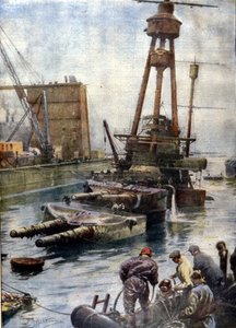 El acorazado alemán Hindenburg, hundido en Scapa Flow en Escocia, vuelve a la superficie gracias a la flota inglesa después de 7 años en el fondo del océano (Ilustración de Beltrame, La Domenica del Corriere) de Achille Beltrame