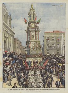 Las fiestas tradicionales del pueblo, el carro monumental conducido en procesión a Casteltermini (Girgenti) de Achille Beltrame