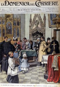 El problema del divorcio en Italia: la población firma las peticiones contra el divorcio en las sacristías. Ilustración de Beltrame. La Domenica del Corriere. 9/02/1902.