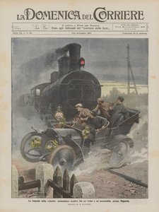 Las tragedias de la velocidad, dramático choque entre un tren y un automóvil, cerca de Magenta de Achille Beltrame
