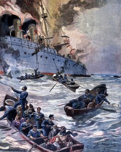 El incendio del barco de vapor Vittoria en Alicante. Ilustración de Beltrame. La Domenica del corriere. 1899 de Achille Beltrame
