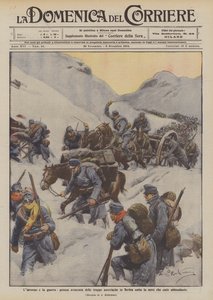 El invierno y la guerra, penosa avanzada de las tropas austriacas en Serbia bajo la nieve abundante de Achille Beltrame