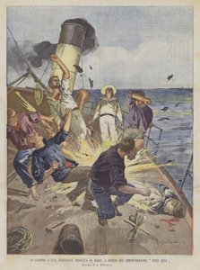 La explosión de una mina encontrada en el mar, a bordo del remolcador John Bull