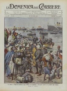 El desembarco en Trípoli del poderoso cuerpo militar de ocupación, los bersaglieri recibidos con simpatía por los indígenas de Achille Beltrame