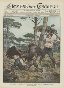 Lucha encarnizada entre un pescador y un águila que lo ataca repentinamente en el pinar de Rávena de Achille Beltrame