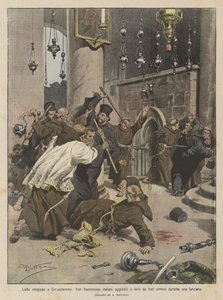 Luchas religiosas en Jerusalén, frailes franciscanos italianos agredidos y heridos por frailes armenios durante una función de Achille Beltrame