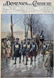 Marcha organizada en Varsovia para ejercitar a la población en el uso de máscaras de gas - dibujo de A. Beltrame, en “la Domenica del Corriere” del 22/11/1931