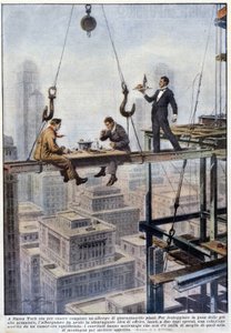 Comida de dos capataces en equilibrio sobre el marco de un rascacielos en Nueva York - dibujo de A. Beltrame, en “La Domenica del Corriere” de Achille Beltrame