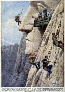 Hombres escalando un acantilado de granito y escultores trabajando, para la construcción del monumento de los presidentes americanos del Monte Black Hills - dibujo de A. Beltrame, en “La Domenica del Corriere”