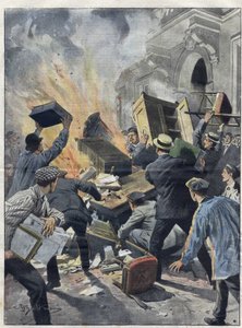 Crisis del vino en Midi en 1907: los viticultores incendian el ayuntamiento de Beziers (Herault). Ilustración de Achille Beltrame de 1907. de Achille Beltrame
