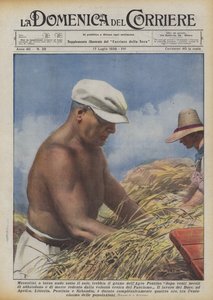 Mussolini, con el torso desnudo bajo el sol, trilla el trigo del Agro Pontino después de veinte siglos