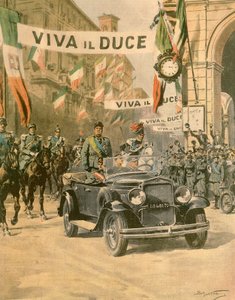 La llegada triunfal de Mussolini a Turín, por Achille Beltrame de la edición de La Domenica del Corriere, octubre de 1932 de Achille Beltrame