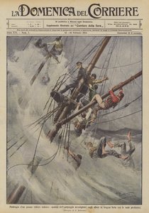 Naufragio de un gran velero alemán, hombres de la tripulación trepados a los mástiles en trágica situación de Achille Beltrame