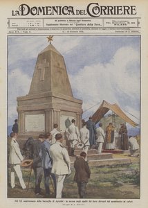 En el XX aniversario de la batalla de Agordat, la misa en los baluartes del fuerte frente al monumento a los caídos de Achille Beltrame
