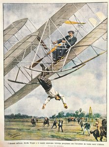 Orville Wright y el teniente Seliridge cayendo con biplano desde treinta metros, Estados Unidos de América, ilustración de Achille Beltrame de La Domenica del Corriere, 11 de octubre de Achille Beltrame