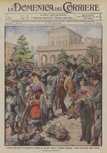 Partida del heroico 2º bersaglieri de Nápoles a Ancona, señoras y mujeres del pueblo adornan a los soldados de Achille Beltrame