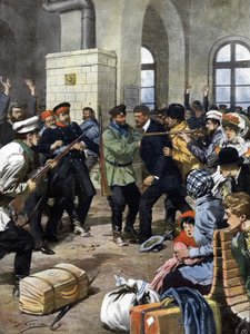 Pasajeros fueron atacados en una estación de tren en Europa por ladrones y robados en la sala de espera. Ilustración de Beltrame. La Domenica del Corriere. 07/1909 de Achille Beltrame