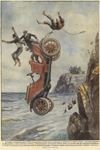 Personas cayendo mientras su coche deja un camino costero de Achille Beltrame