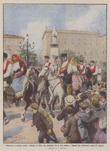 Pintoresca cabalgata sarda, ciudadanos de Ittiri que llegan con sus mujeres a Sassari para de Achille Beltrame