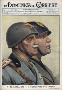 Perfiles del Rey Vittorio Emanuele III y del Duce Benito Mussolini, fundador del imperio, a la manera de los emperadores romanos. Ilustración de Achille Beltrame en "La domenica del Corriere" del 16/05/1937 de Achille Beltrame