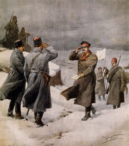 Reanudación de la guerra, parlamentario turco llegando al campamento búlgaro con mensaje anunciando el fin del armisticio, ilustración de La Domenica del Corriere, 9 de febrero de Achille Beltrame