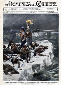 Pescadores de focas, algunos de los cuales murieron, quedaron varados en el hielo a la deriva del océano. Ilustración de Beltrame. La Domenica del Corriere. 12-19/04/1914. de Achille Beltrame