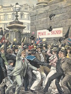 Segunda Guerra Bóer. Anuncio del fin de la guerra en las calles de Londres. Ilustración de Antonio Beltrame. “La Domenica del Corriere” de Achille Beltrame