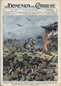 Segunda Guerra Sino-Japonesa (1937-1945): enfrentamientos entre armas japonesas y chinas cerca de Pekín, los japoneses exterminan rápidamente a todo un batallón chino. Ilustración de Achille Beltrame en 