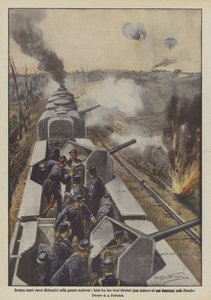 Siempre nuevos medios destructivos en la guerra moderna, lucha entre dos trenes blindados (uno alemán y uno francés) en Flandes
