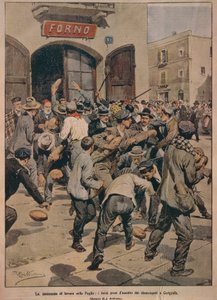 Graves escaseces de trabajo en Apulia, hornos asaltados por los desempleados de Cerignola, por Achille Beltrame, ilustración, Ilustrador Achille Beltrame (1871-1945), de La Domenica del Corriere, 20 de diciembre de 1908 de Achille Beltrame