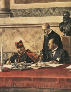 Firma del Tratado de Letrán entre el cardenal P. Gasparri y B. Mussolini de Achille Beltrame