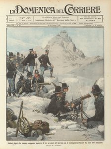Soldados alpinos realizando maniobras de tiro al pie del Cervino con ametralladoras de Achille Beltrame