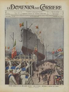 Solemne ceremonia de botadura del gran acorazado Conte di Cavour en La Spezia, la mañana del 10 de agosto de Achille Beltrame