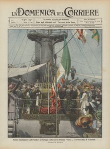 Solemne izado de la bandera de batalla en el nuevo acorazado Roma en Civitavecchia, el 3 de este mes