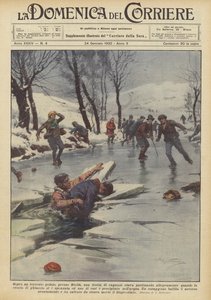 Sobre un torrente helado, cerca de Biella, un grupo de niños patinaba alegremente de Achille Beltrame