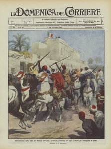 Sumisión de la tribu de los Mansur a Italia, pintoresca cabalgata de los jefes en Derna para entregar las armas de Achille Beltrame