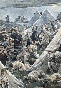 Sudáfrica. Segunda Guerra Bóer. Ataque al campamento inglés de Tweefontein (1902). Ilustración de Achille Beltrame. Grabado.