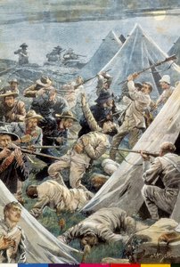 Sudáfrica. Segunda Guerra Bóer. Ataque al campamento inglés de Tweefontein (1902). Ilustración de Achille Beltrame. Grabado. de Achille Beltrame