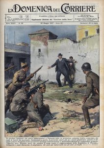 Guerra Civil Española: Diplomático polaco capturado al embarcar en Valencia para Polonia escapó por poco de la ejecución por tropas republicanas, gracias a la intervención del Ministro polaco Szumiakowski. Ilustración de Achille Beltrame en "La domenica de de Achille Beltrame
