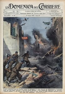 Guerra Civil Española: enfrentamientos en las calles de las ciudades vascas, con los republicanos destruyendo todo antes de dejar las ciudades a los nacionalistas. Ilustración de Achille Beltrame en “La domenica del Corriere” del 27/06/1937. de Achille Beltrame