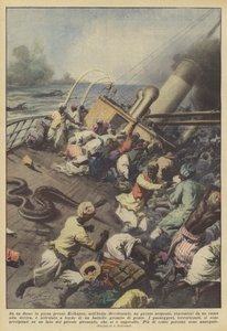 En un río crecido cerca de Kolhapur, en la India Occidental, una gran serpiente, desprendida... de Achille Beltrame