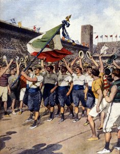 Los Juegos Olímpicos de Estocolmo de 1912: el equipo de gimnasia italiano ganador. Ilustración de A. Beltrame. La Domenica del Corriere