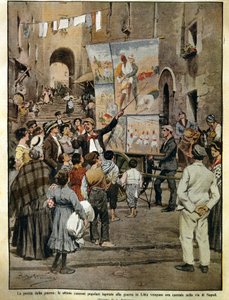 La Domenica del Corriere (periódico dominical italiano) del 8 de diciembre de 1910, canciones populares inspiradas en la guerra en Libia cantadas en Nápoles por cantantes de baladas, por Achille Beltrame, ilustración de Achille Beltrame