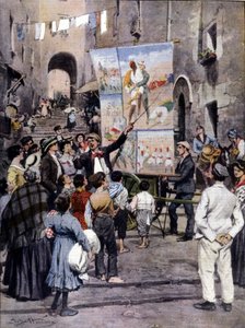 La poesía de la guerra: las últimas canciones populares inspiradas en la Guerra de Libia son cantadas en las calles de Nápoles por artistas callejeros. Ilustración de Beltrame. La Domenica del Corriere. 1912