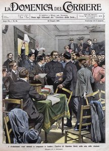 La llegada de Maxim Gorki a la sala de reuniones en el Congreso de Londres después de la revolución de 1905 en Rusia. Portada de 