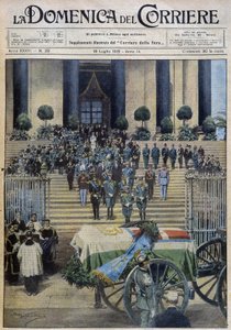 La bendición de los restos mortales del Duque de Aosta en Turín, después de que el cortejo fúnebre cruzara toda la ciudad - dib. de A. Beltrame en "la Domenica del Corriere" del 19/07/1931 de Achille Beltrame