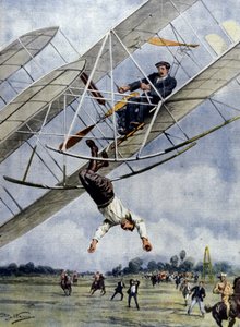 Los dramas del aire: Orville Wright y el teniente estadounidense Selfridge se precipitan con su avión desde una altitud de treinta metros. Ilustración de Beltrame. La Domenica del Corriere. 1908 de Achille Beltrame