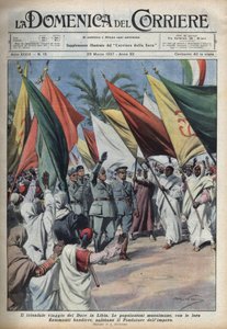 El duce Benito Mussolini en un viaje a Libia es recibido por la multitud. Ilustración de Achille Beltrame en 