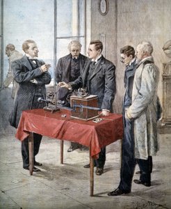 Las experiencias de Guglielmo Marconi (1874 - 1937) en 1899: Telegrafía inalámbrica a través del Canal. Ilustración de Achille Beltrame en "Domenica del Corriere" de Achille Beltrame